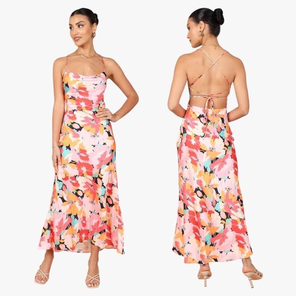 Petal & Pup Open Back Sheer Midi Dress in Pink Floral Glam Party - Picture 4 of 7